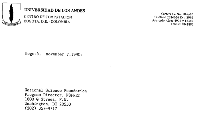 Imagen para Carta de solicitud de la Universidad de los Andes a la National Science Foundation (NSF) sobre conexión a Internet